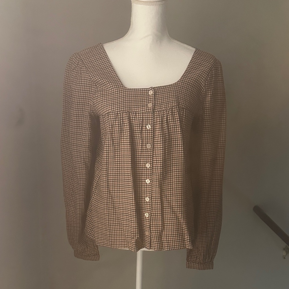 Checked Button-Front Peasant Blouse - Brown Check - image 1